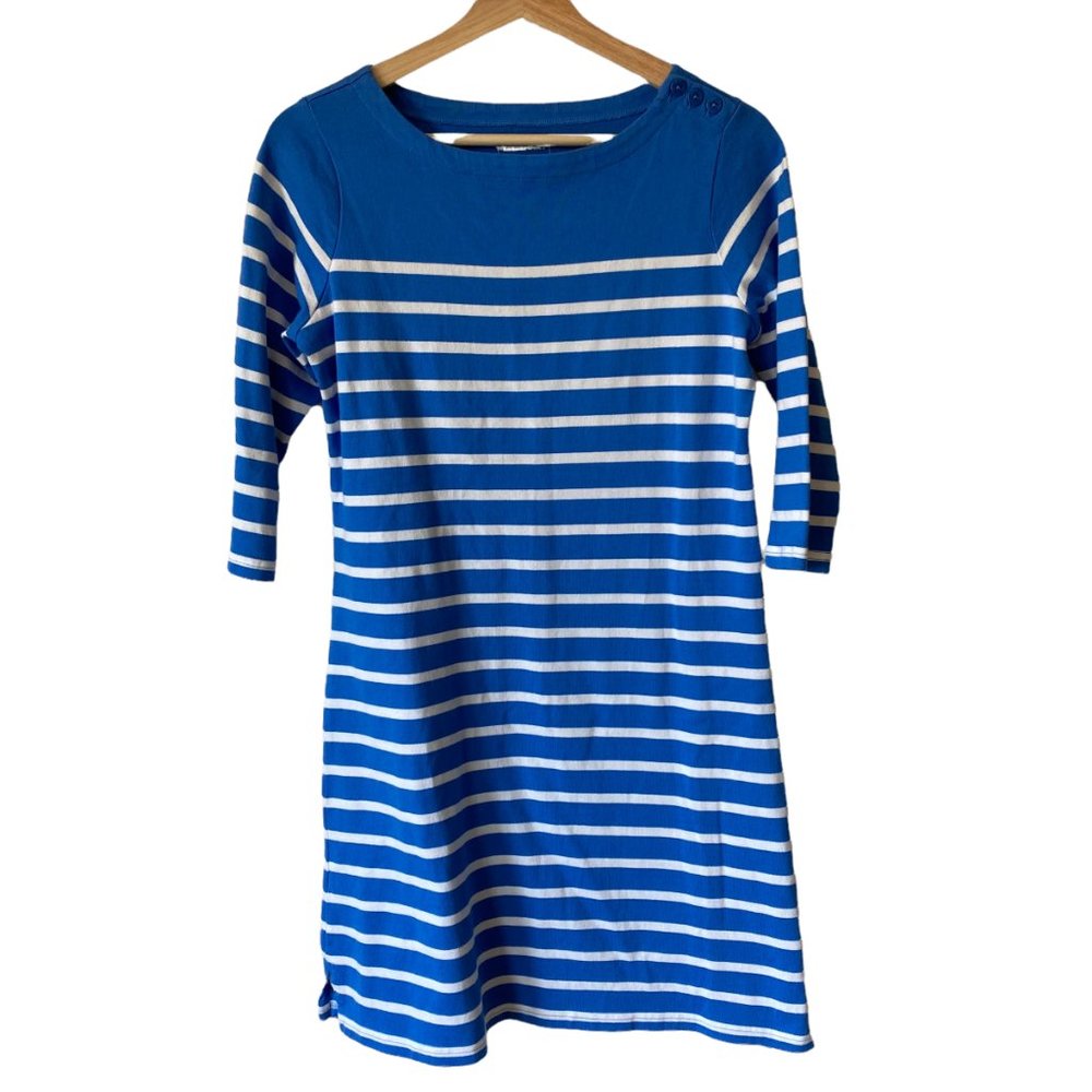 L.L. Bean Breton Nautical Coastal Style Dress 100% Cotton Summer 3/4 Sleeves
